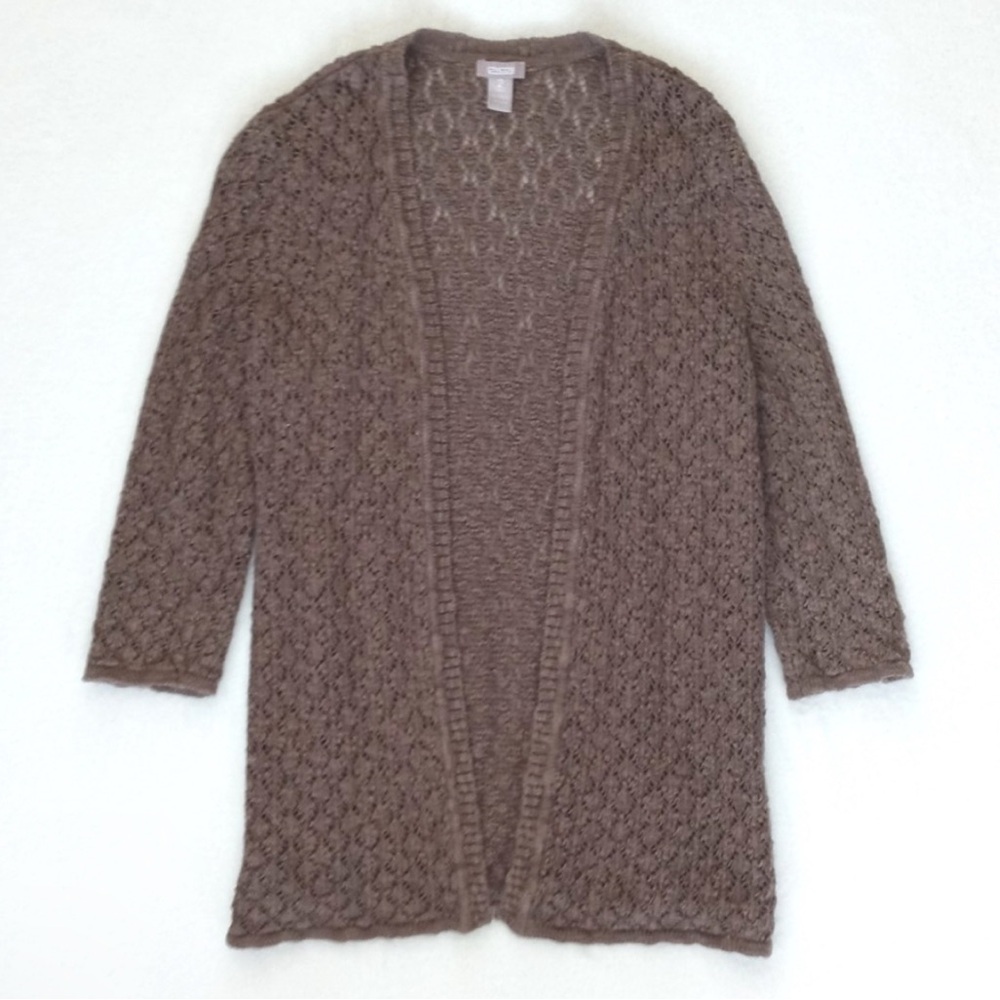 Chico's WomEarth Brown Chunky Open Crochet Knit 3/4 Sleeve Open Cardigan Duster